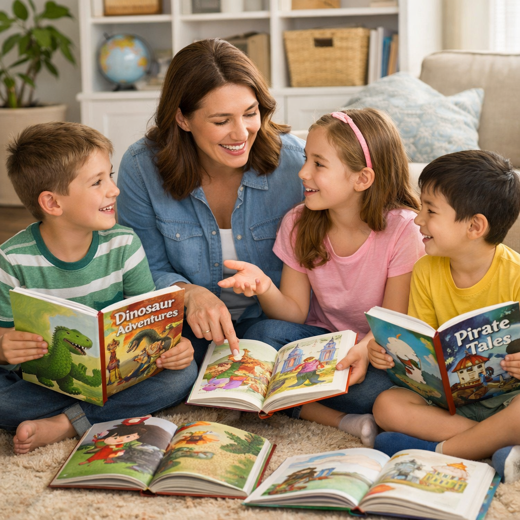 Mom and kids in story discussion