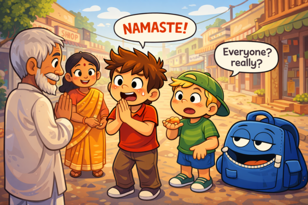 The Giggle Globe Gang walked down a quiet street that morning. Birds chirped. Shops opened slowly. People smiled as they passed. Milo cleared his throat. “Okay,” he said seriously, “I’ve learned something.” Luna looked up. “Oh?” “Yes,” Milo nodded. “In a new country, we must be very polite.” Bobo clapped. “I’m excellent at polite. I say sorry to chairs.” Tiki muttered, “That explains a lot.” An elderly man walked toward them. Milo remembered yesterday’s lesson. He pressed his palms together quickly. “Namaste!” Milo said loudly. The man smiled and nodded back. Milo froze. “Was that good?” he whispered to Luna. “Yes,” Luna said. “That’s a greeting.” Milo beamed. “I am doing great.” A woman walked by. Milo bowed again. “Namaste!” She smiled. A child passed. “Namaste!” The child giggled. A dog passed. Milo paused… then bowed. “…Namaste?” The dog wagged its tail. Bobo stared. “Milo just greeted a dog.” Tiki sighed. “At least the dog felt respected.” Soon, Milo began greeting everyone. Too much. Very much. A shopkeeper tried to hand him change. Milo bowed instead. The shopkeeper waited. Milo bowed again. They stared at each other. Luna gently touched Milo’s arm. “You can take the money and greet.” “Oh,” Milo said softly. “So many rules.” Then Milo noticed something else. Some people nodded. Some smiled. Some said nothing at all. Milo whispered, worried, “Did I do something wrong? They didn’t greet back.” Luna shook her head. “No. People show respect differently.” Bobo nodded seriously. “I show respect by sharing snacks.” Tiki added, “I show respect by not talking. Rare, but powerful.” Later, a small girl waved shyly at them. Milo froze. He didn’t bow. He didn’t speak. He smiled. The girl smiled back and ran away laughing. Milo felt something warm. “That felt… right,” he said. Luna smiled. “Sometimes the best greeting is simply being kind.” Milo nodded slowly. “So politeness isn’t copying,” he said. “It’s paying attention.” Tiki zipped happily. “Character growth detected.” As they walked on, Milo raised his hand. Not too high. Not too low. Just enough. “Hello,” he said gently. And this time, it felt easy.