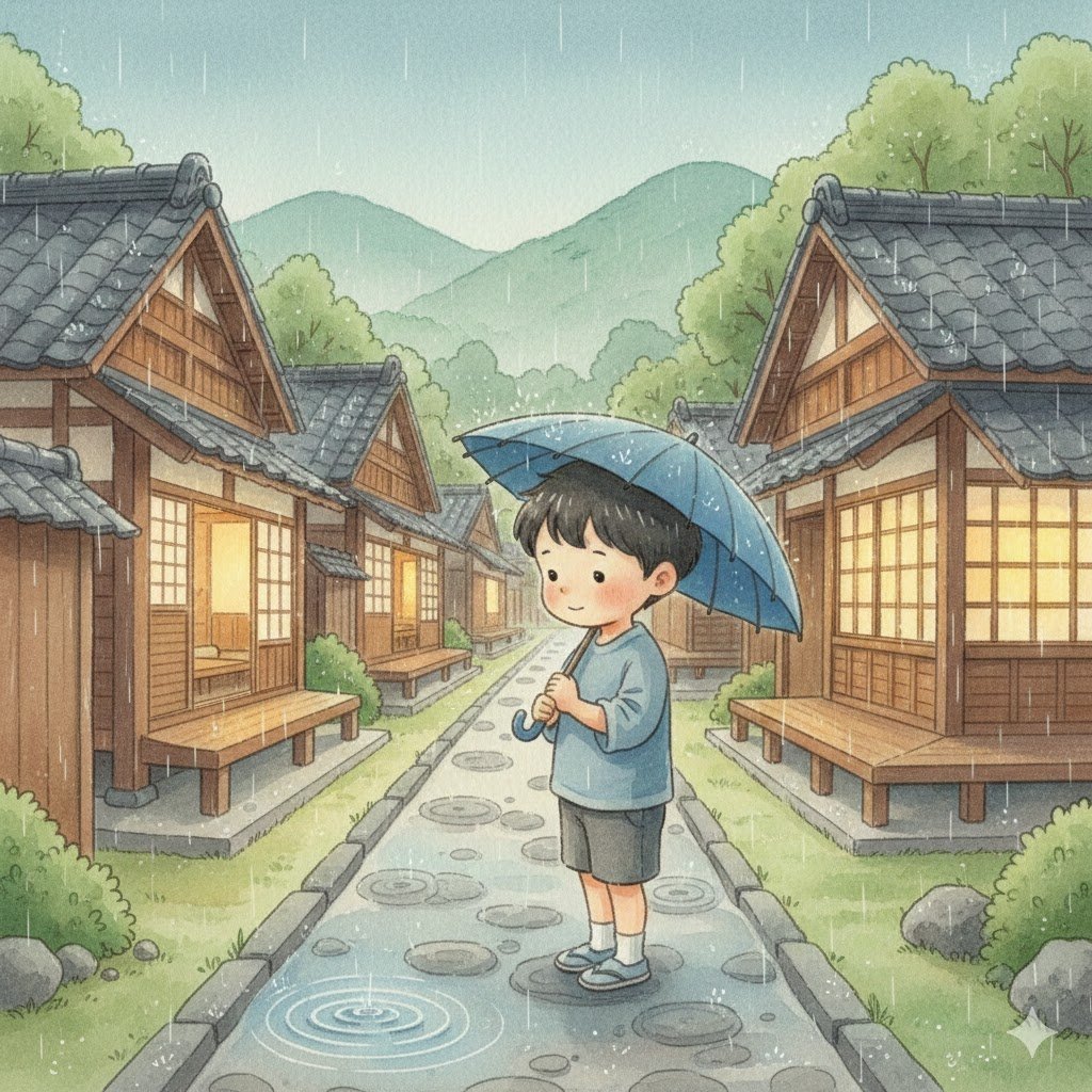 A cozy bedtime children’s book illustration set in a quiet Japanese village during gentle rain. A young Japanese boy with short dark hair holds a small blue umbrella, standing on a narrow village path. Soft rain falls around him, creating tiny ripples in puddles. Traditional Japanese houses with warm glowing windows in the background, low green hills and trees fading softly into the mist. The atmosphere is calm, peaceful, and comforting. The boy’s expression is thoughtful and gentle, as if listening to the rain. Soft watercolor or pastel illustration style, warm muted colors, smooth brush textures, no sharp lines, no text, no spelling, dreamy bedtime mood, safe and soothing for children, high detail but simple composition, storybook illustration quality.