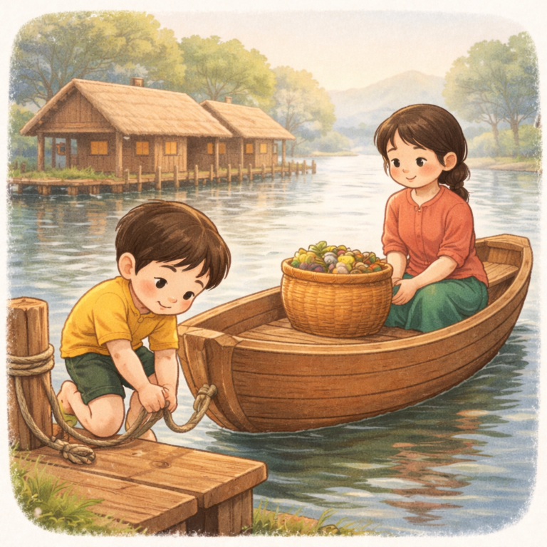 Morning arrived quietly on the river. The water moved, but slowly, like it was still waking up. Floating houses rested side by side, tied gently to wooden posts. Some rocked a little. Some stayed almost still. Kavi stepped onto the narrow wooden walkway outside his home. The river smelled fresh today. Cool. Alive. At the edge, a small boat waited. It was Kavi’s job to help untie it when his mother was ready to cross the river. He liked the boat. It listened. It never rushed. Today, though, the river felt different. The water moved faster than yesterday. Small ripples ran across its surface, bumping softly into the sides of the houses. Kavi knelt and dipped his fingers in. “Why are you moving so much?” he whispered. The river didn’t answer. It never did. His mother came out carrying a basket. She stopped when she saw Kavi watching the water so closely. “Is it safe?” Kavi asked. She didn’t answer right away. Instead, she placed the basket down and looked at the river too. 🧩 A thinking pause Kavi noticed something. A leaf floated past them quickly. A heavier stick moved slower. The house barely moved at all. Kavi’s brow tightened. “Why does the leaf run,” he asked, “but the house stays?” His mother smiled. “What do you think?” Kavi thought for a moment. He pushed the leaf gently with his finger. It obeyed immediately. He pushed the stick. It resisted a little. “The leaf is light,” he said. “The house is heavy.” They waited. The river kept moving, but after some time, it softened. The ripples grew smaller. The water slowed, just enough. His mother nodded. “Now,” she said. Kavi untied the rope carefully. The boat shifted, then settled. He stepped in slowly, remembering what the river had shown him. Inside the boat, he noticed something else. The basket was placed in the middle. Not near the edge. 🧩 Another thinking pause “Why not keep it here?” Kavi asked, pointing to the side. His mother gently moved the basket closer to the center. “When weight stays balanced,” she said, “the boat stays calm.” Kavi remembered the leaf. The stick. The house. As they crossed, the boat didn’t fight the river. It moved with it. The water touched the sides, then slid away. On the other shore, Kavi tied the rope again and stepped out. He looked back at the river. It hadn’t changed. But he had. That night, as the houses floated quietly under the dark sky, Kavi thought about the boat. It didn’t rush. It didn’t argue with the water. It waited. It balanced. And because of that, it carried people safely. Kavi closed his eyes, listening to the river breathe. Some things, he realized, don’t move faster by pushing harder. They move better by understanding how to stay steady.